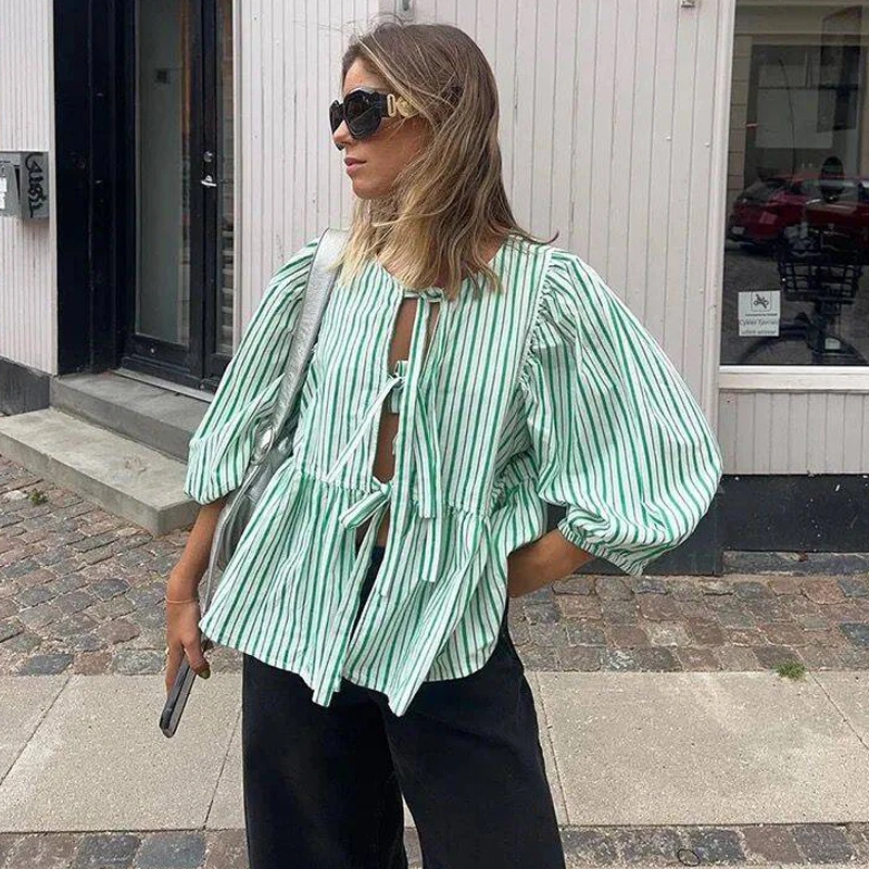 TRAF Bowknot Striped Shirt Women Cut Out Puff Sleeve Female Blouses Streetwear Summer Elegant Blouses Casual Crop Tops Woman