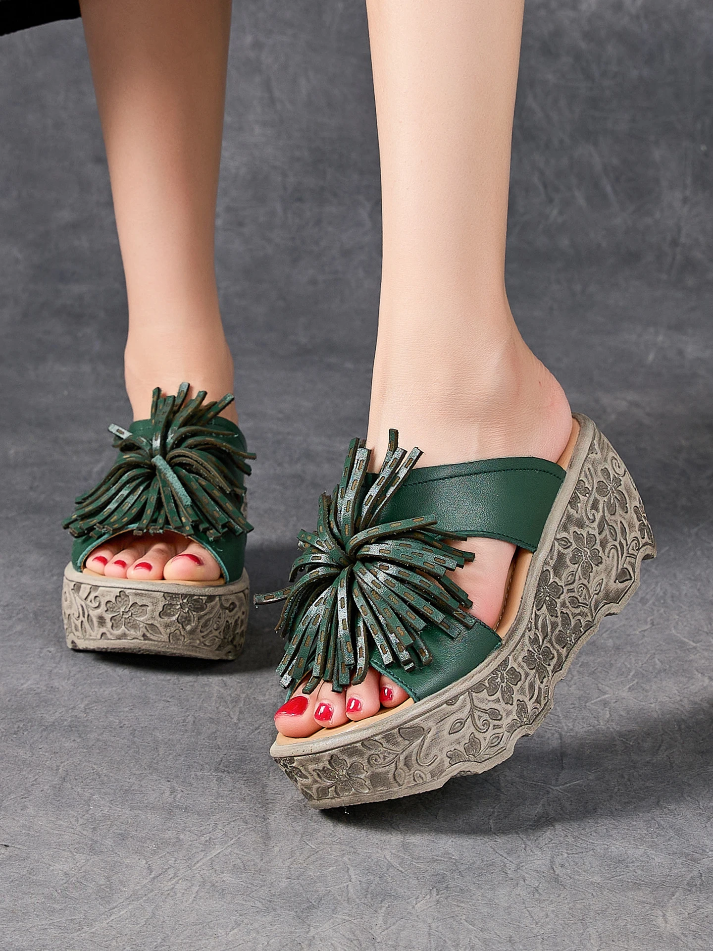 Birkuir Retro Thick Heel Wedges Slippers For Women Open Toe Cross Belt Tassel Slides 7cm High Heel Genuine Leather Slippers