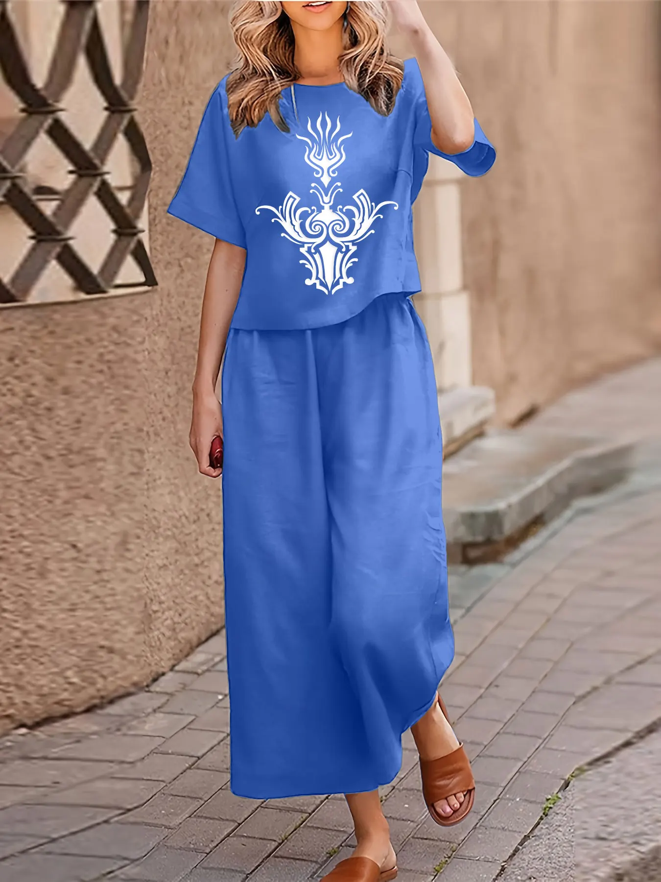 Plus size feminino casual conjunto de duas peças terno impresso manga curta camiseta calças conjunto de duas peças solto crewneck