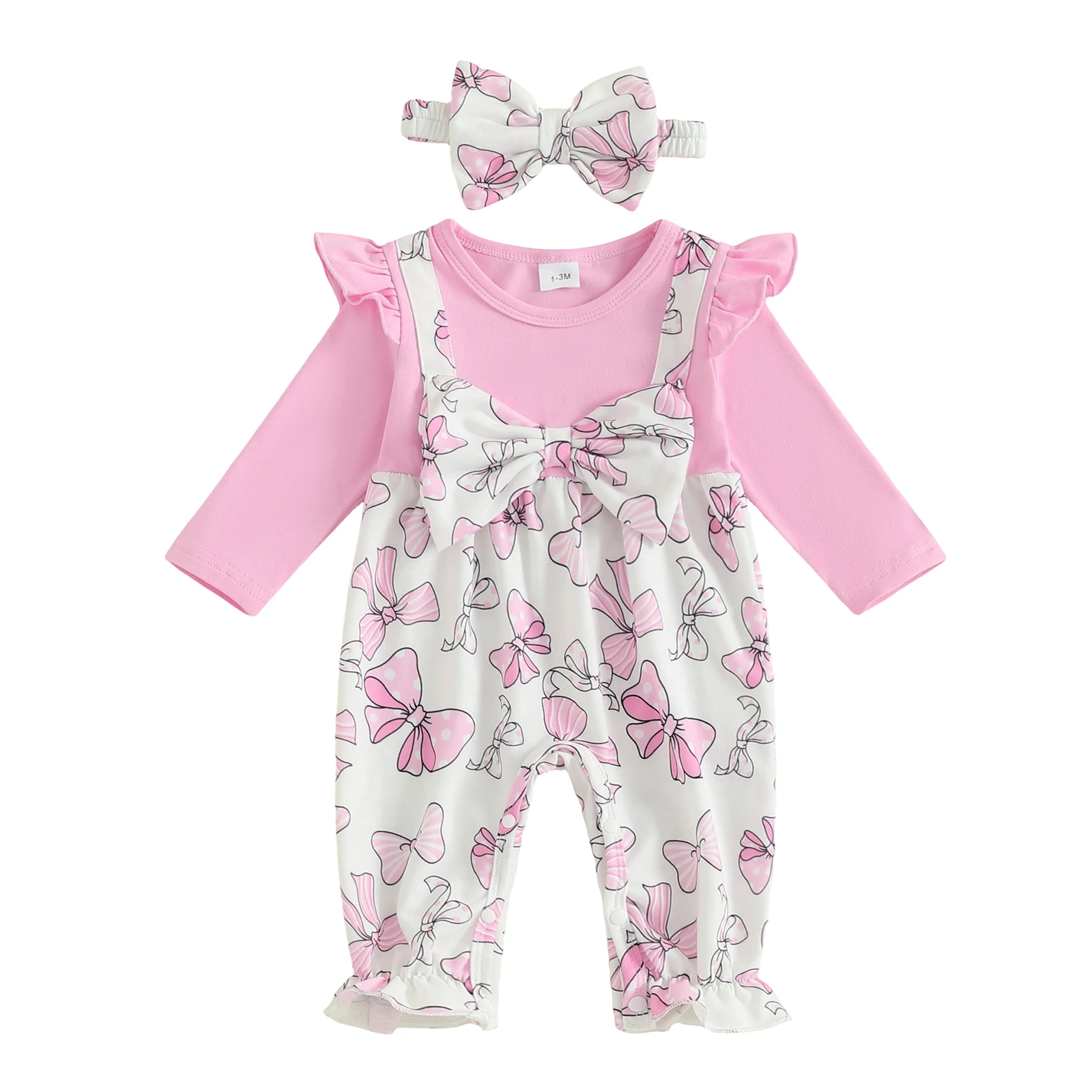 

Baby Girl Fall Romper Long Sleeve Round Neck Bow Front Patchwork Jumpsuit Infant Pajamas