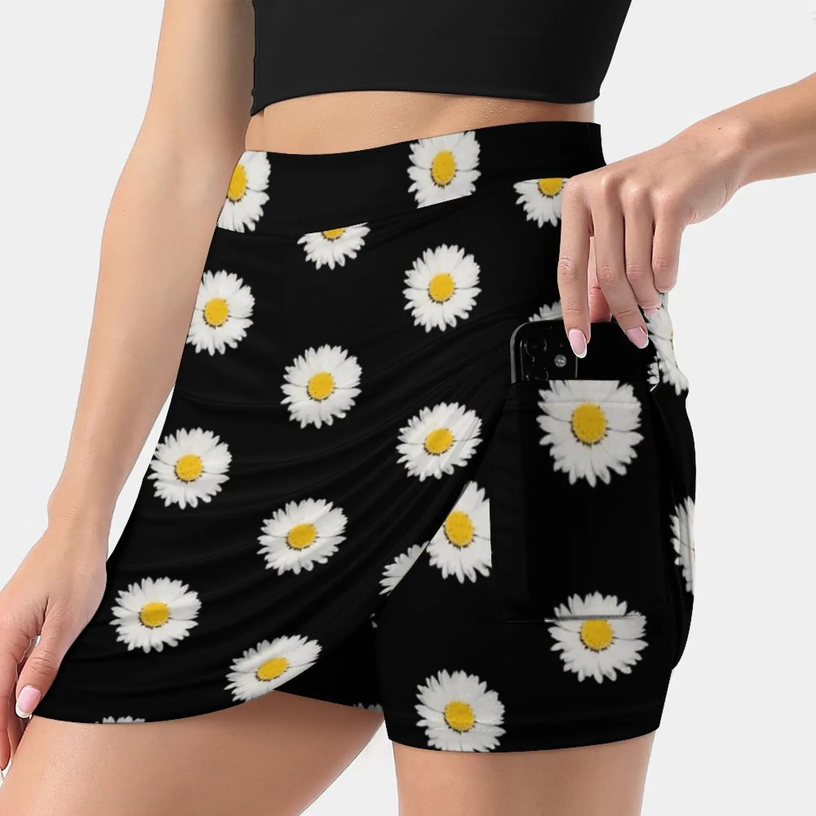 Nine Common Daisies Isolated On A Black Background Women's skirt With Hide Pocket Tennis Skirt Golf Skirts Badminton Skirts