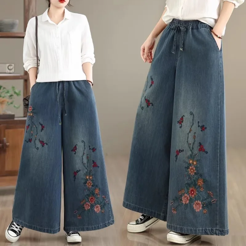 

Женские джинсы с вышивкой и широкими штанинами | Богемные этнические брюки свободного кроя с прямыми штанинами и шнуровкой для женщин | Весенне-летняя мода