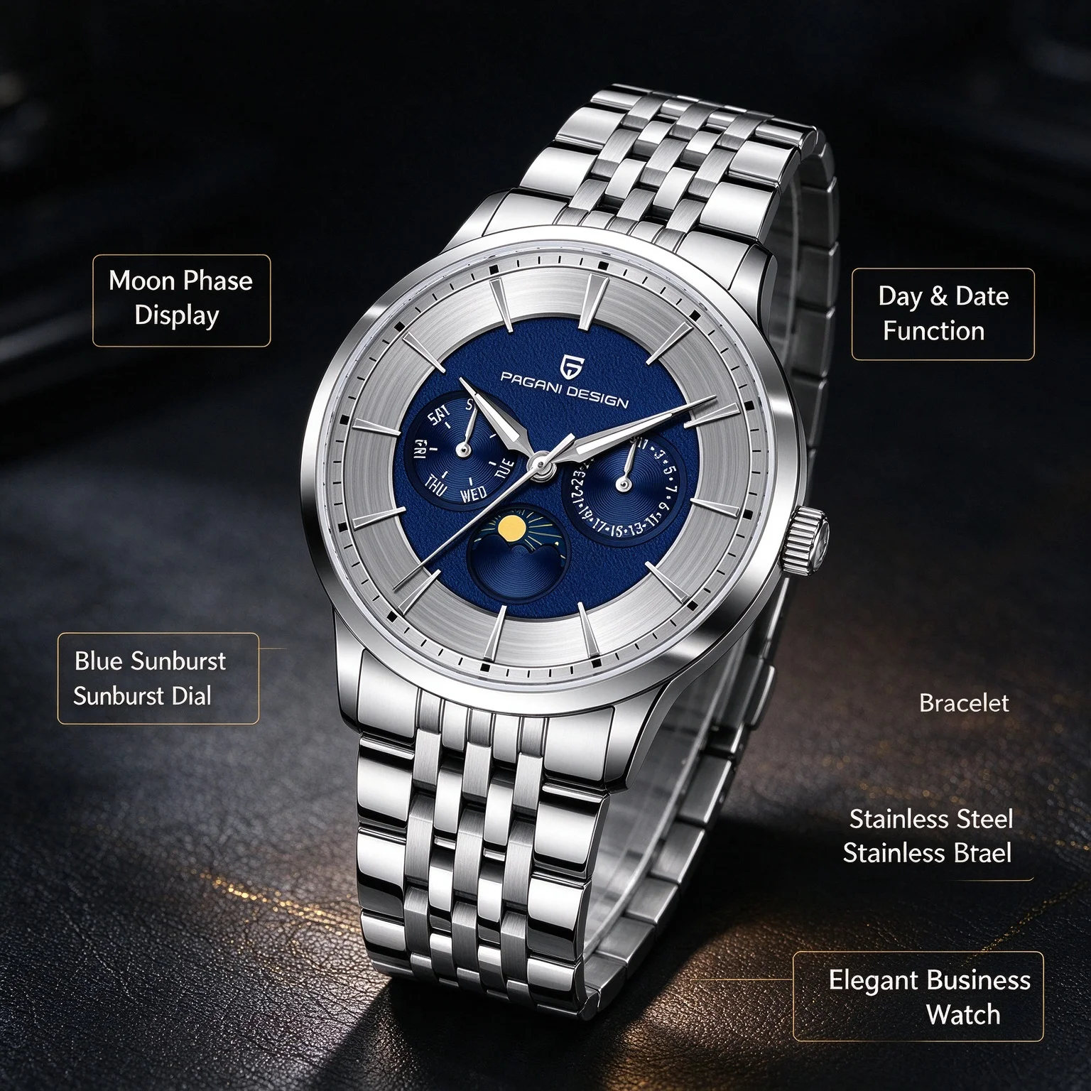 Pagani Design 40mm Men's Quartz Watch - Multifunctional with Moon Phase Japan Movt 100m Waterproof Sapphire Glass