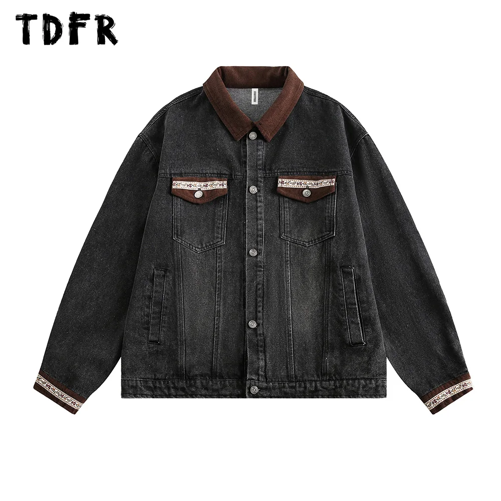 

Retro Spliced Denim Jacket Mens Pocket Autumn Streetwear Washed Distressed Lapel Single Breasted Outerwear Jeans Jacket