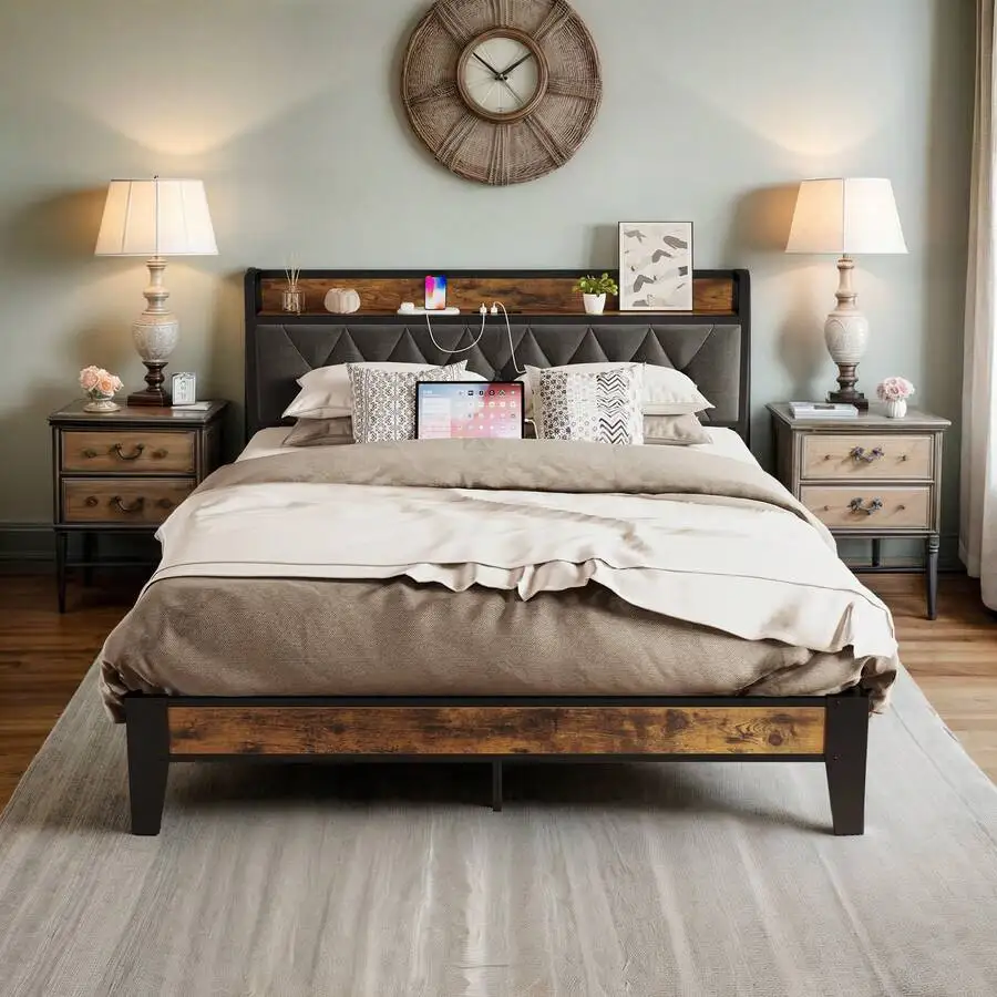 Twin/Full/Queen/King Bed Frames, Storage Headboard With Outlets, Sturdy And Stable, No Noise, No Box Springs Needed, Vintage Brown And Gray