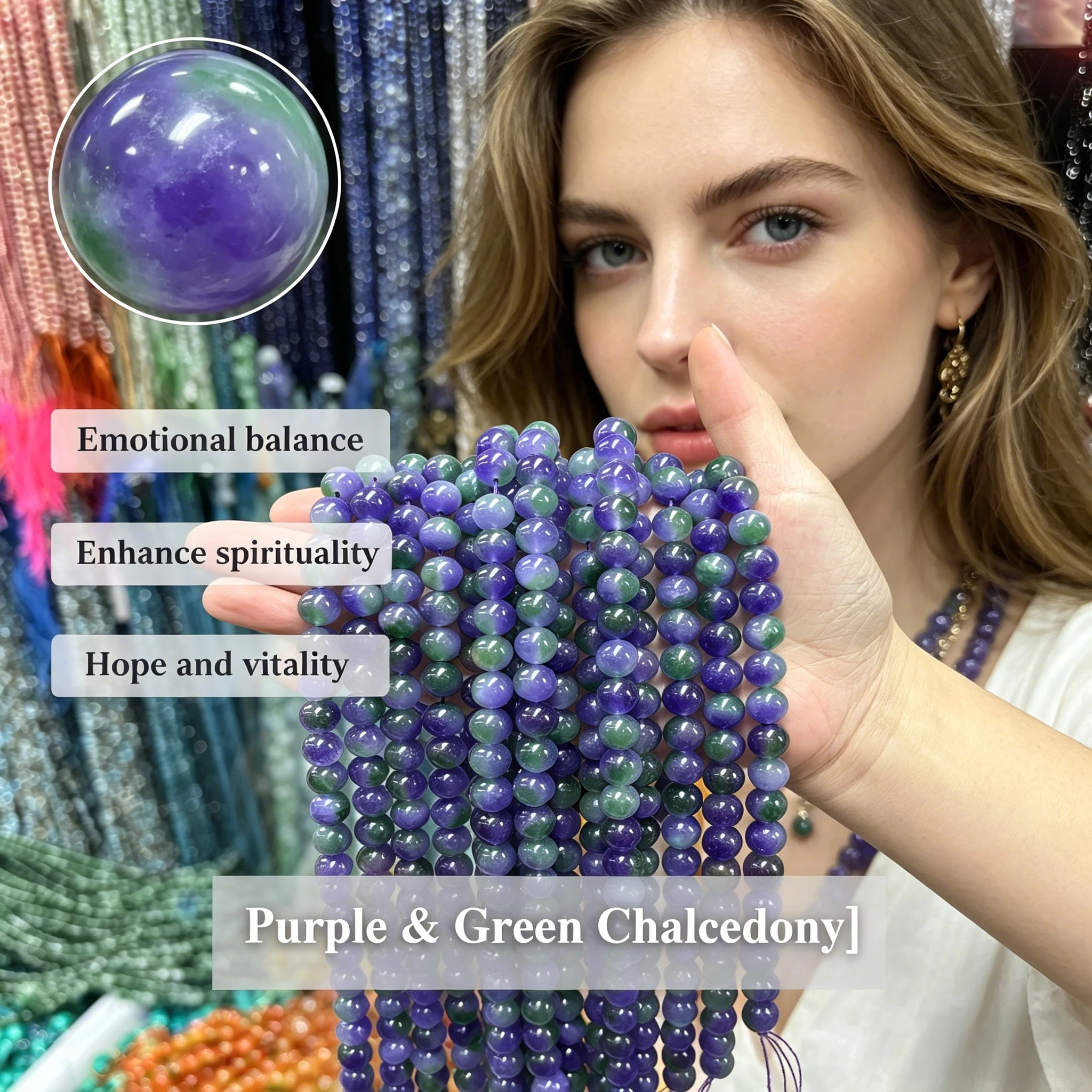 Natural Stone Beads Purple & Green Chalcedony Round 4 6 8 10mm Bead for Bracelet Necklace DIY Jewelry Making Jewelry Accessories