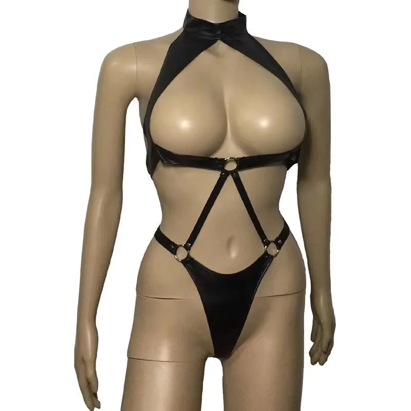 

Black Faux Leather Body Harness Women Sexy Teddy Exposing Breast Bodysuit Leotard Mistress Fetish Role Play Costume