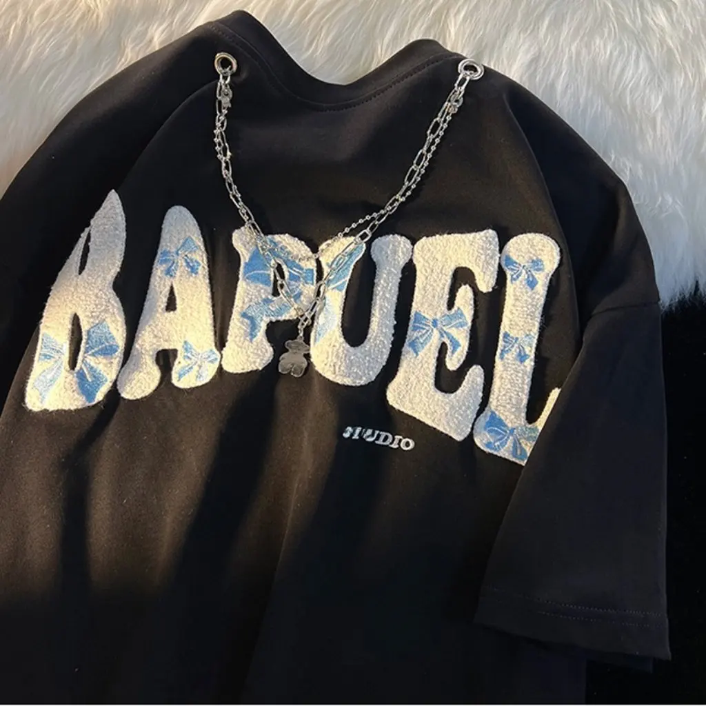 

Women's Cotton Flocking Necklace Design Short-Sleeved T-shirt Summer Chic Hong Kong Style Loose Top Popular Brand Instagram