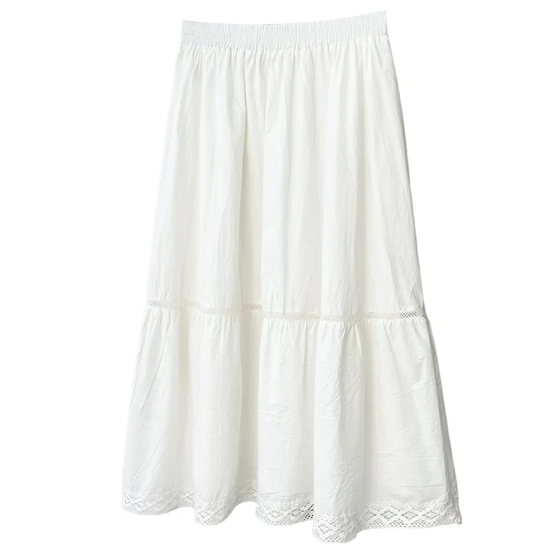 

2026 Summer Plus Size A-Line Cotton Midi Skirt Elastic Waist Lace Hem Elegant Casual Skirt Curvy Ladies 2618