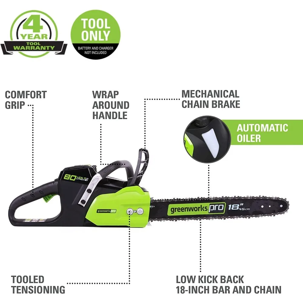 80V 18" Brushless Cordless Chainsaw (Great for Tree Felling, Limbing, Pruning, and Firewood) / 75+ Compatible Tools