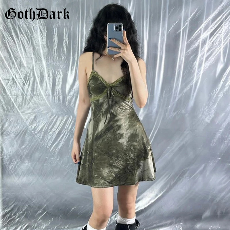 

Goth Dark 2000s Aesthetic Tie Dye Spaghetti Strap Mini Dress Y2K Chic Lace Patchwork A-Line Dresses Women Gothic Slim Streetwear