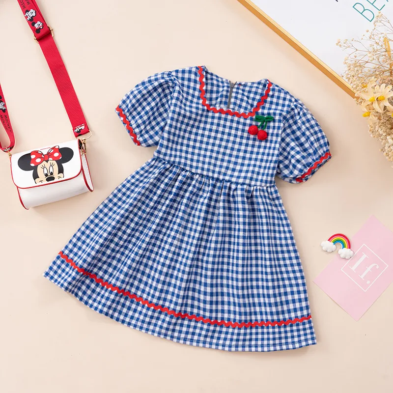 Girls Dress 2026 Summer New Childrens Mid-Length Princess Dress Baby Fresh Cute Short Sleeve Summer Plaid Dress