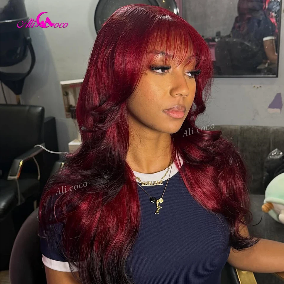 

Ombre Red and Black with Bangs 180 Density Body Wave Human Hair Wig 13x6 HD Lace Front Wigs 99J Colored Pre Plucked for Women