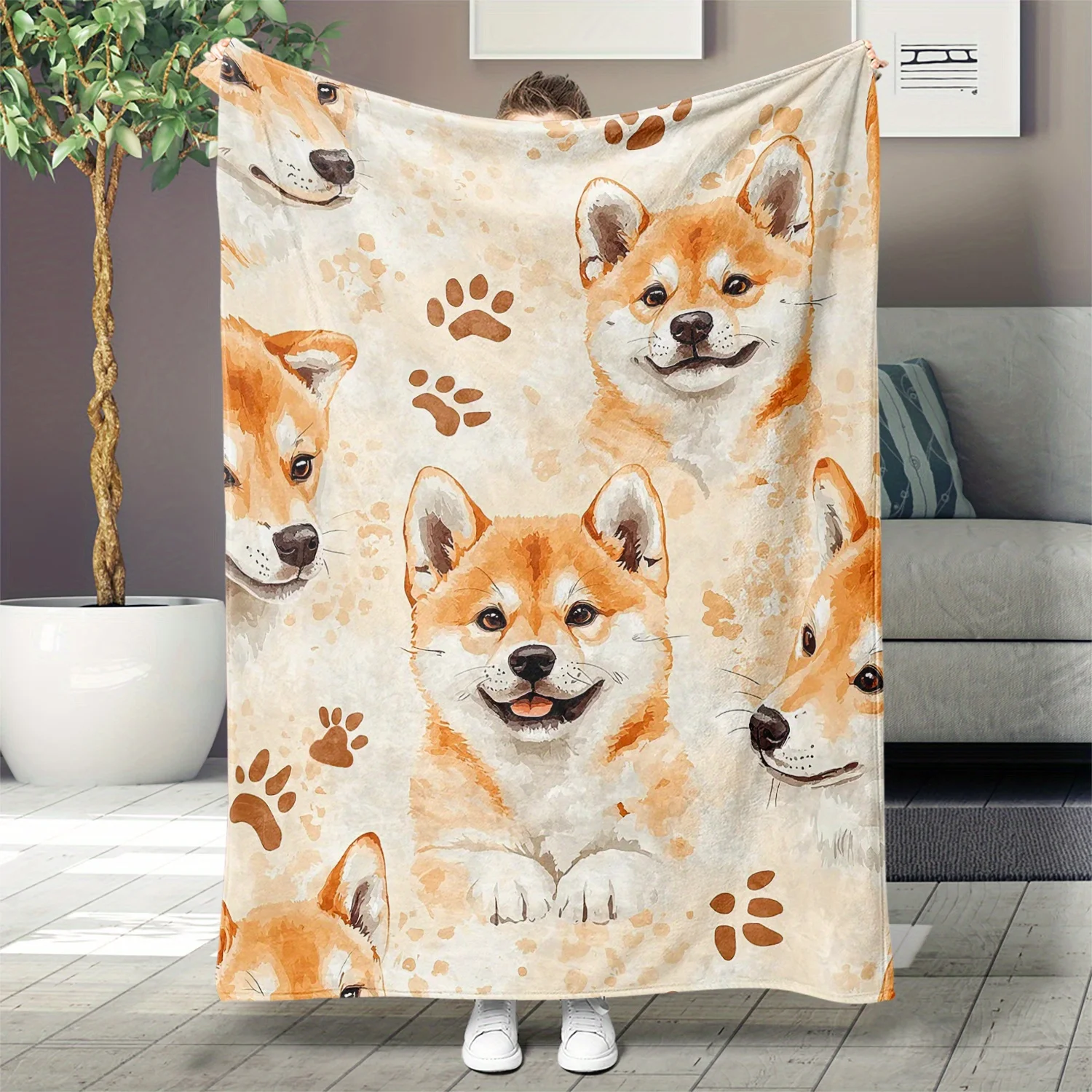 

Contemporary Shiba Inu Dog Print Flannel Throw Blanket - All-Season Printed Animal Pattern, for Couch, Office, Camping, Gift