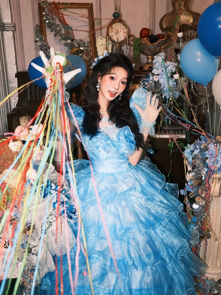 

New Princess Style Birthday Photo Shoot Wedding Dress Blue Gown Atmosphere Sensation Artistic Portrait Clothing Female
