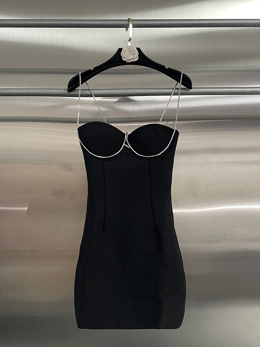 GALCAUR black Spliced diamonds dress Female square collar sleeveless Loose luxury party Women's dresses Fashion summer Style New