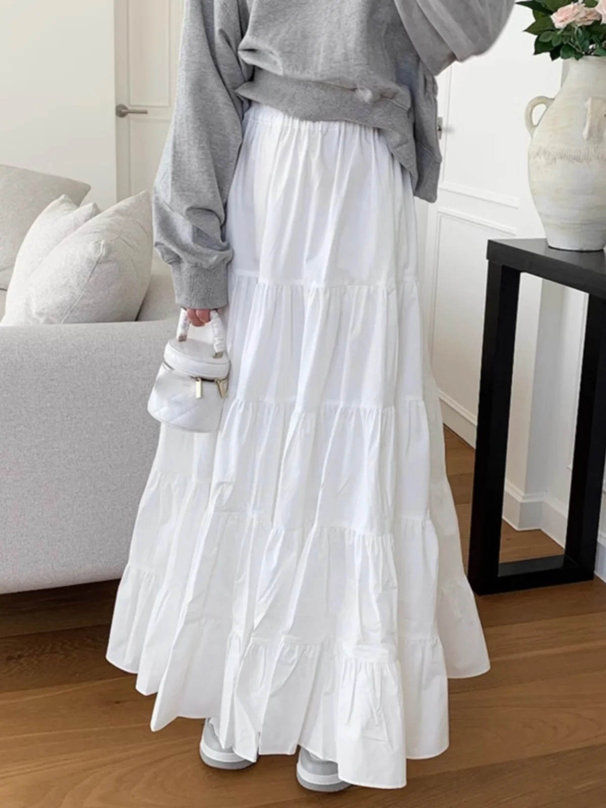 Chic White High Waist f Body Skirt Women's Faion Casual Vintage Sle Cake Skirt Large Hem Long Skirt for Autumn