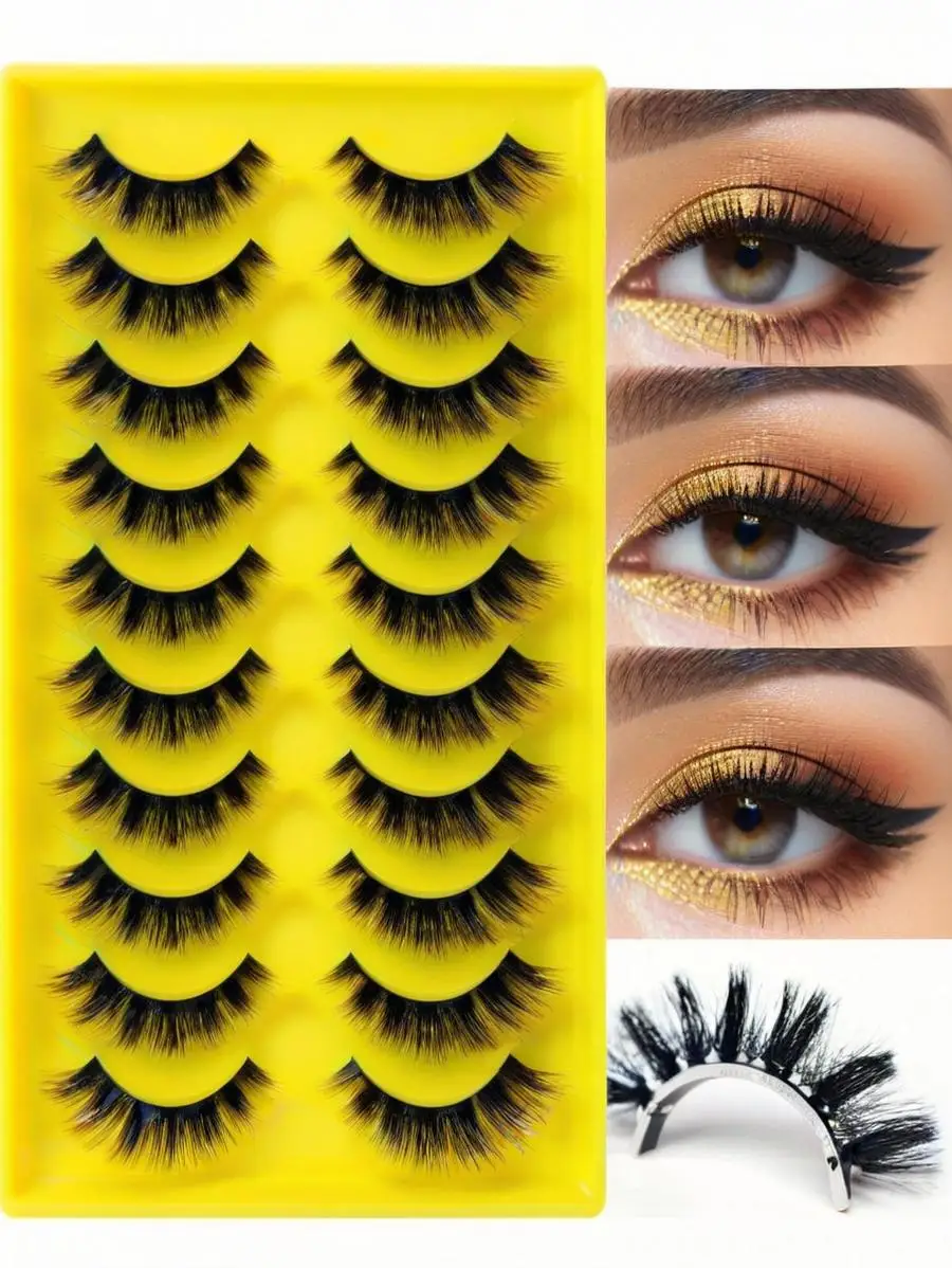 10 Pairs of Natural Simulation Half Eye False Eyelashes, Transparent Stem, V-shaped Cross Design, Curled and Extended Eyelashes