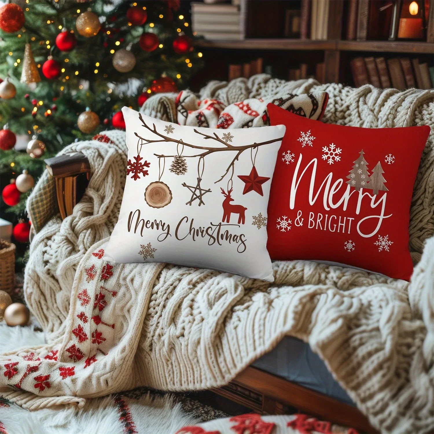 Christmas Tree & Snowflake Pattern Merry Christmas Pillowcases: Let It Snow, Merry & Bright room home decoration