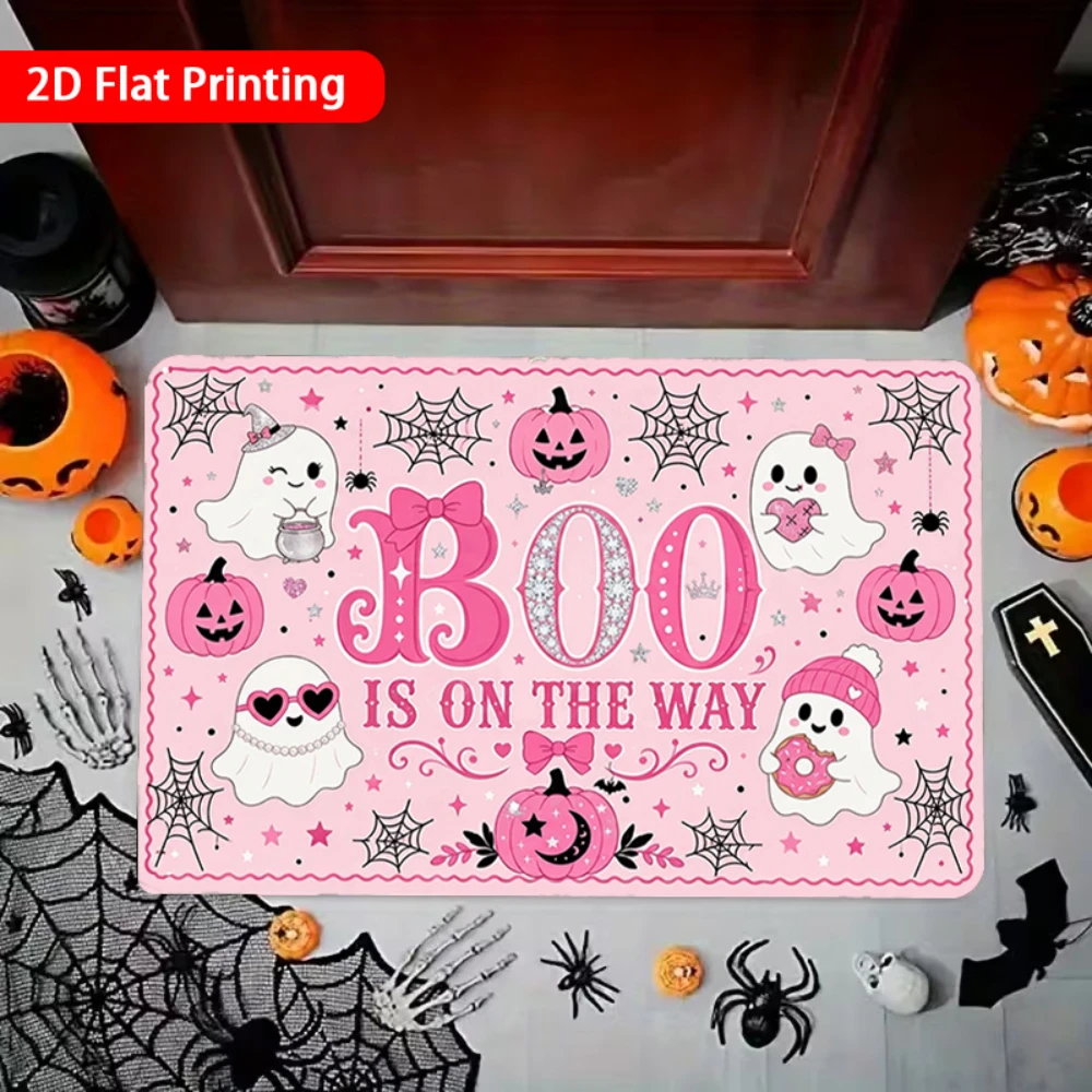 Pink Halloween Doormat Cute Ghost Pumpkin Welcome Rug Spooky Coquette Aesthetic Front Door Patio Balcony Dorm Room Floor Mat