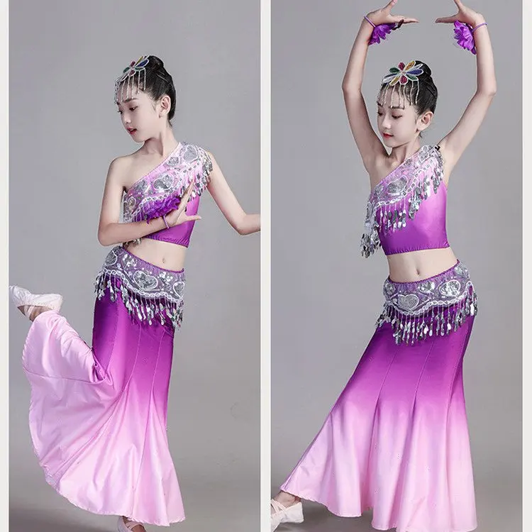Nouveau Costume de danse du ventre pour enfants filles danse de paon hanche jupe en queue de poisson Costume de Performance