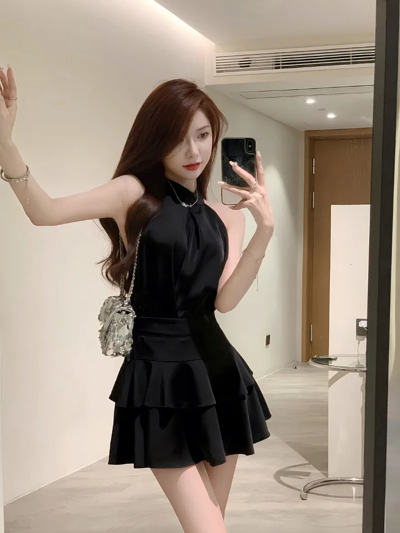 Elegant Satin 2 Piece Dress Set Women 2024 Summer Sleeveless Y2k Crop Tops Mini Skirt Female Even Party Black  Korean