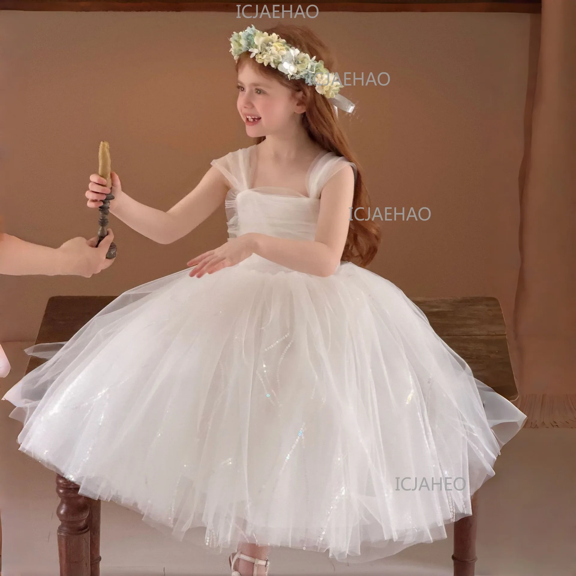 2026 New Style Children CostumeWhite Puffy Princess Dress For Girls, Kids Birthday Banquet Performance Gown, Flower Girl Dress,