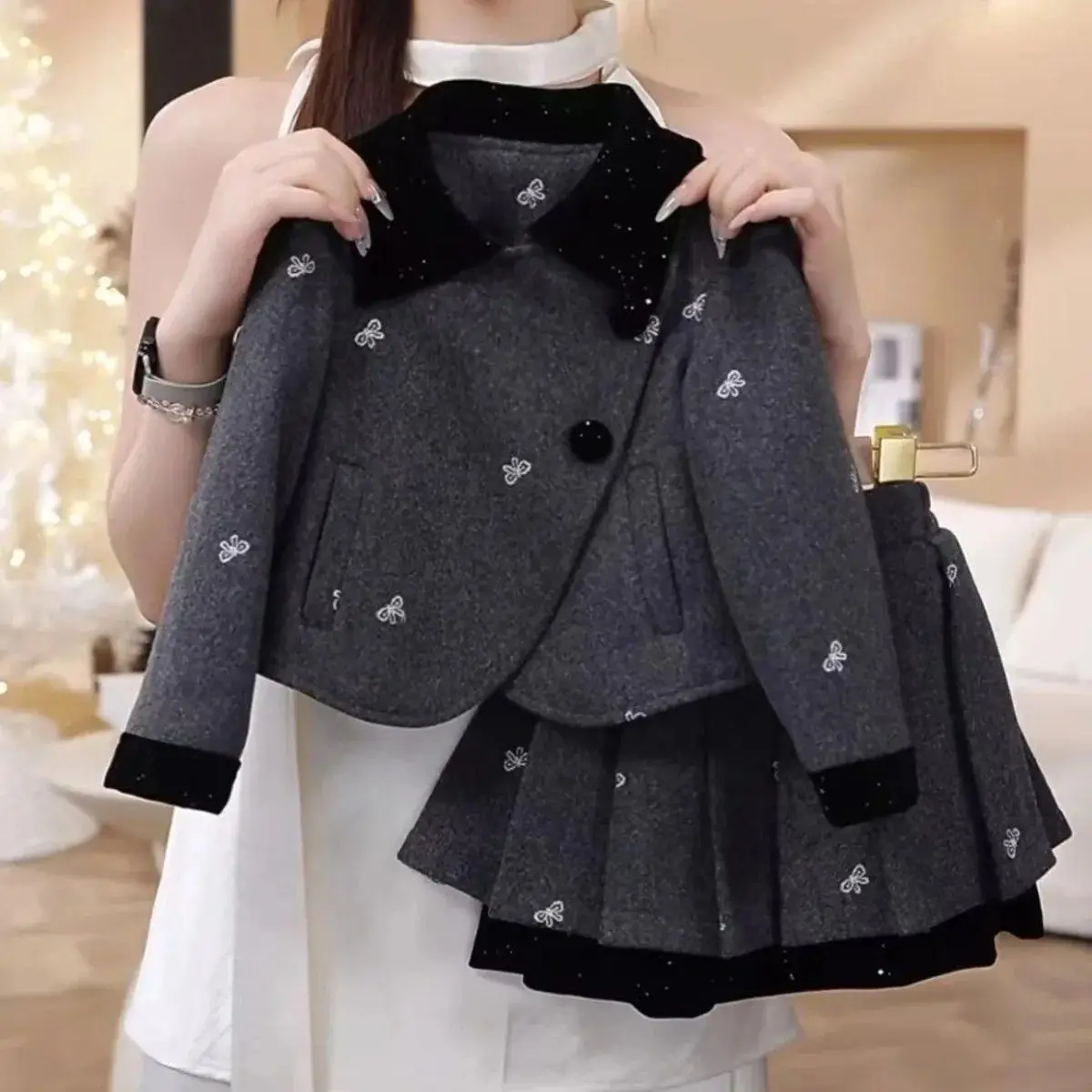 Autumn Winter Clothing Sets 3PCS Thick Warm Gray Floral Elegance Vest+Pleated Skirt Girls School Suit Kids Fashion Kids Costume