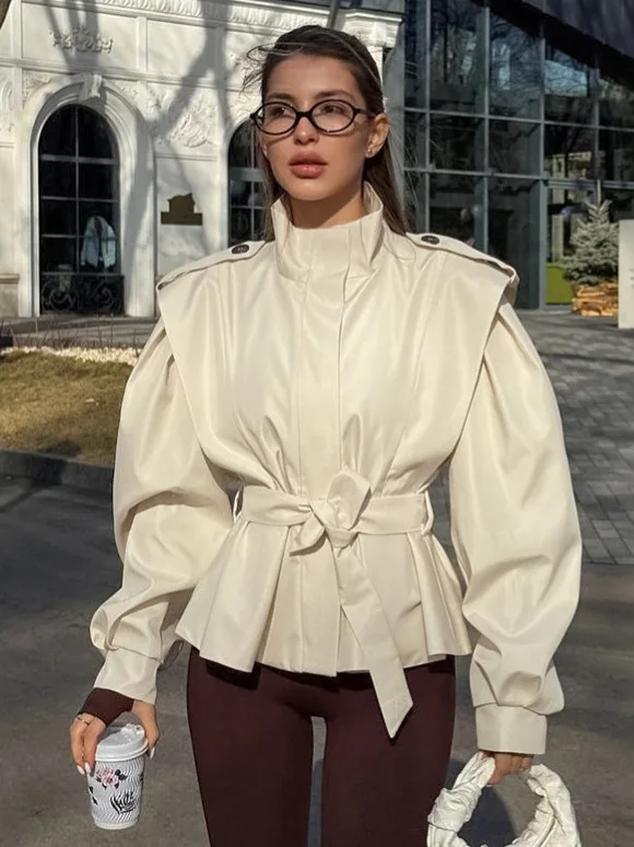 

Versatile Long Sve Windbreaker Coat Women's Belted Tied Collar Commute Friendly Outerwear Sli plus Size Polyester Fiber