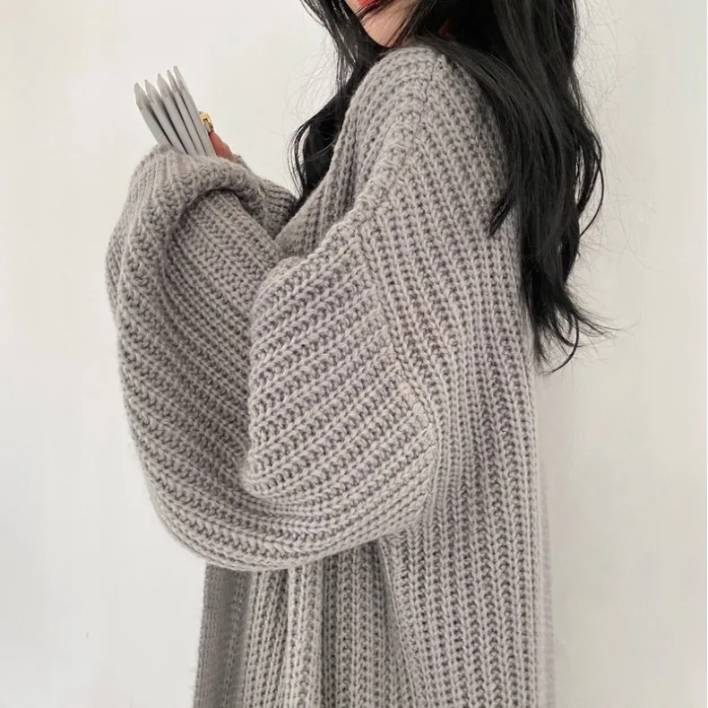 

Warm Long Lantern Sve Knitted Cardigan Women's Spring Autumn Korean Sle Lazy Striped Brand Button Ladies Sweater Coat