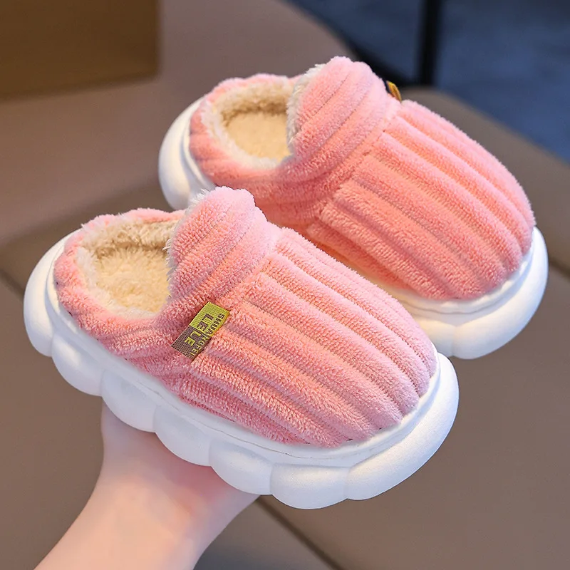 Children's cotton slippers for autumn and winter, boys' indoor insulation with plush fur, girls' home parent-child baby bags and