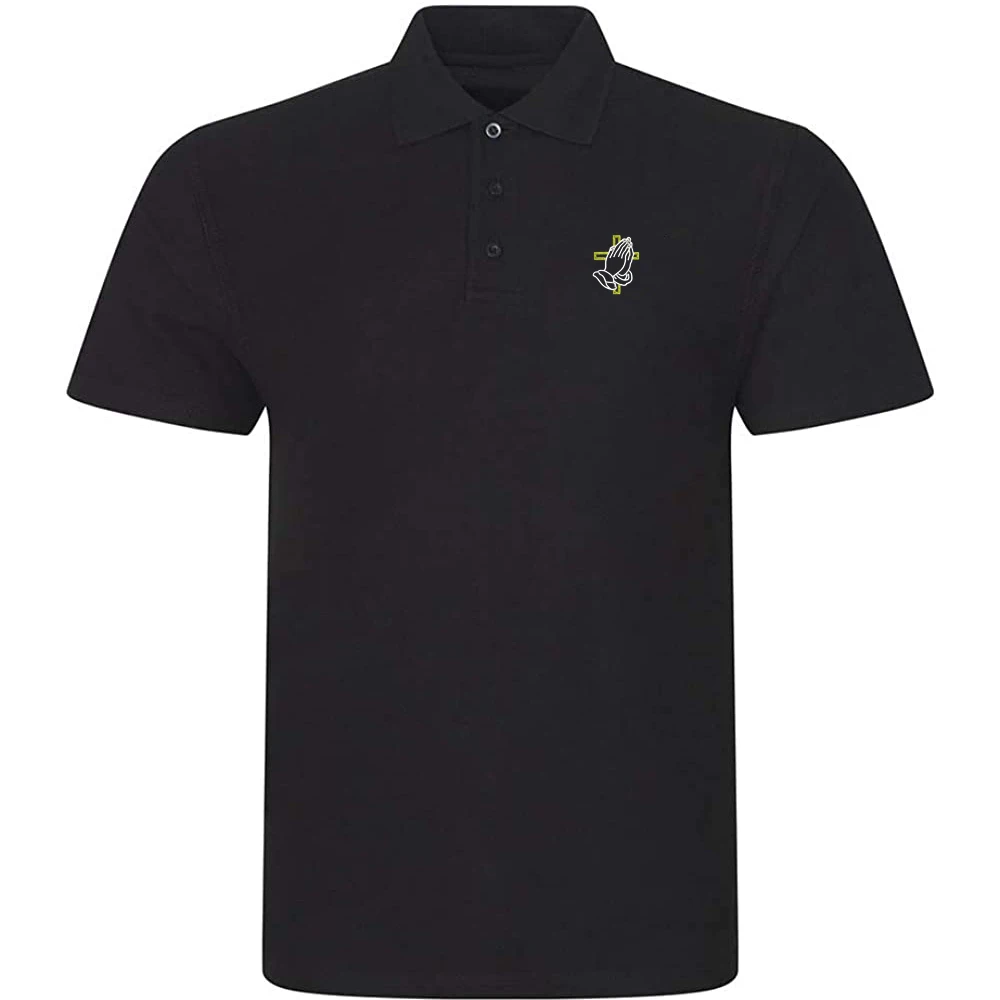 Lyprerazy Men's Casual Polo Shirt Praying Hands with Cross Embroidered Short Sleeve Golf Polo-Shirt