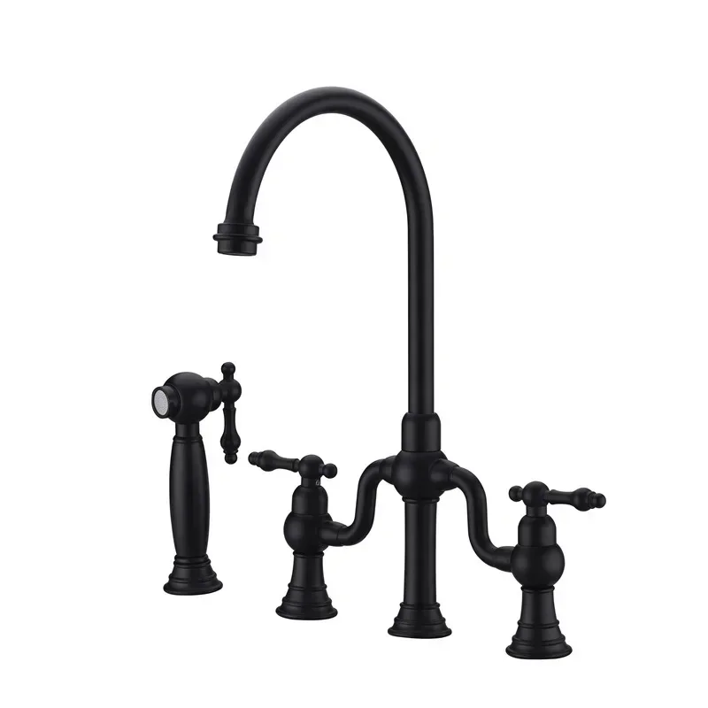 

Undercounter basin three-hole hot and cold faucet, brushed gold double handle with spray gun, American faucet 33046