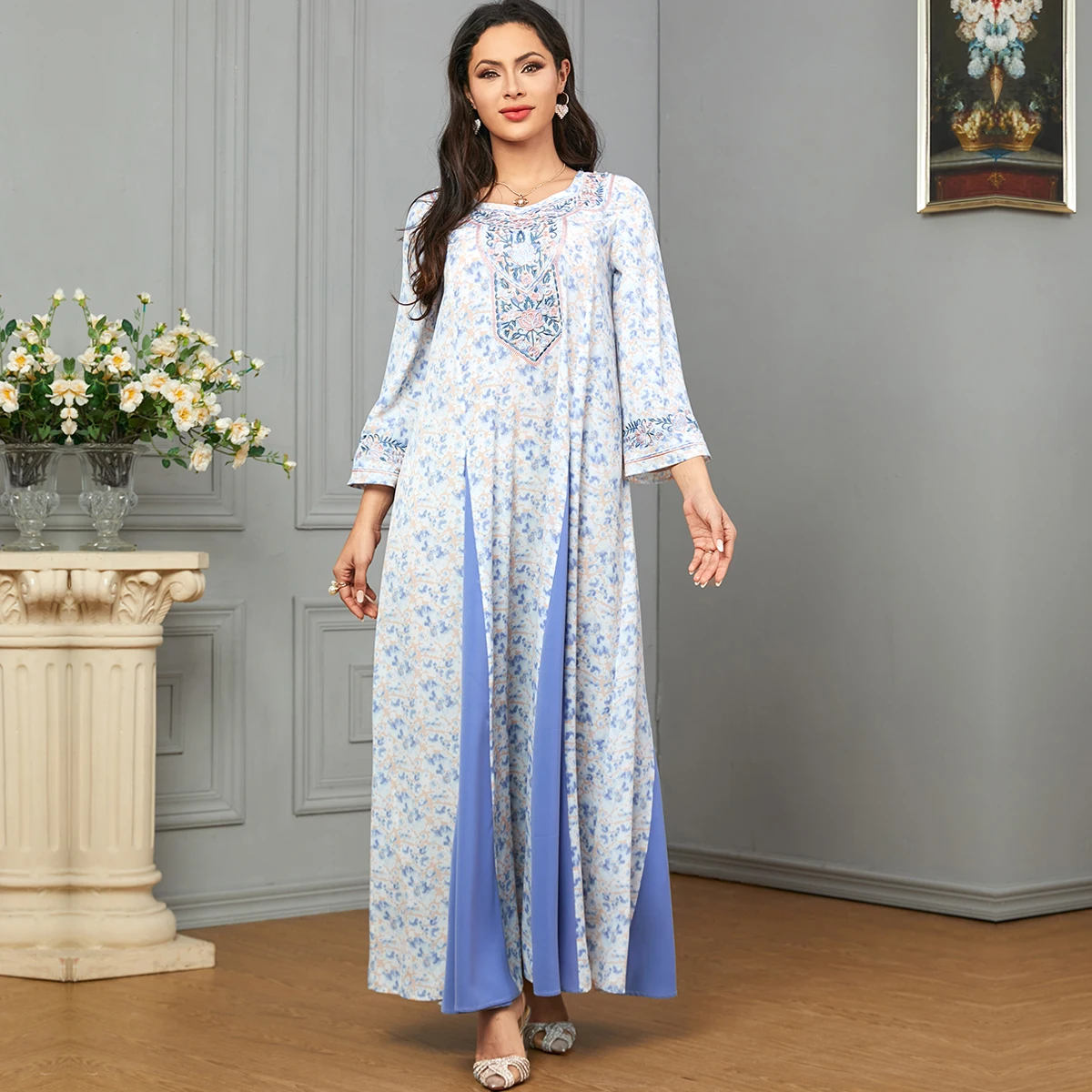 BNSQ Flower Embroidery Muslim Dress for Women Fashion Patchwork Floral Dress Moroccan Kaftan