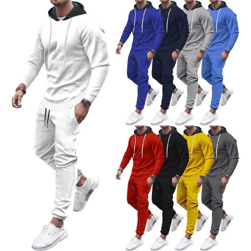 Men\'s long sleeve Casual  Pajamas 2pcs set Homewear Hooded soild color Pajamas Men Sleepwear Size M-3XL