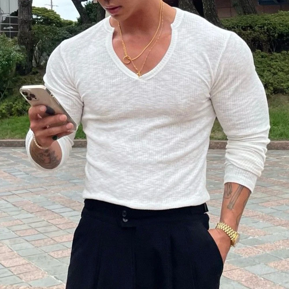 Spring and Autumn trend texture men loose casual long sleeve solid color round neck elastic T-shirt sports men