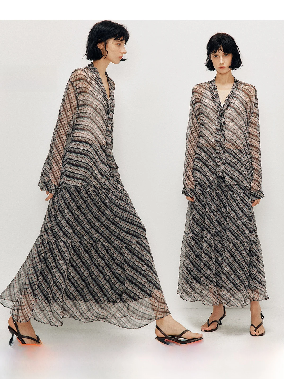 Light Airy Plaid Shirt And Skirt Set Women's Fashion Spring Collection Long Sleeve Button up Shirt with Sash Two Piece Set