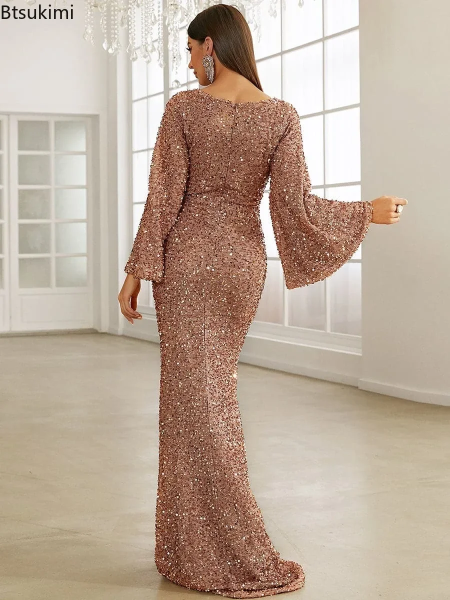 New 2024 Women\'s Elegant Sequins Party Maxi Dress Sexy Flare Long Sleeve V-neck Hip Wrap Dress Lady Sweetheart Evening Dresses