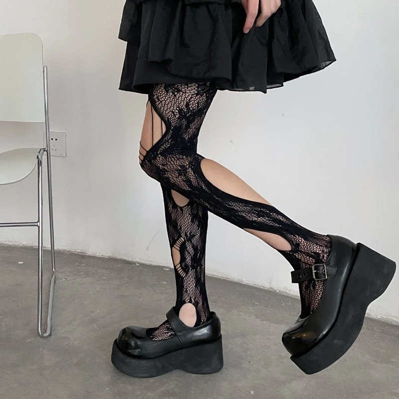 Women Gothic Fishnet Pantyhose Harajuku  Irregular Ripped Holes Mesh Tights Rose Floral Jacquard Pattern Stockings