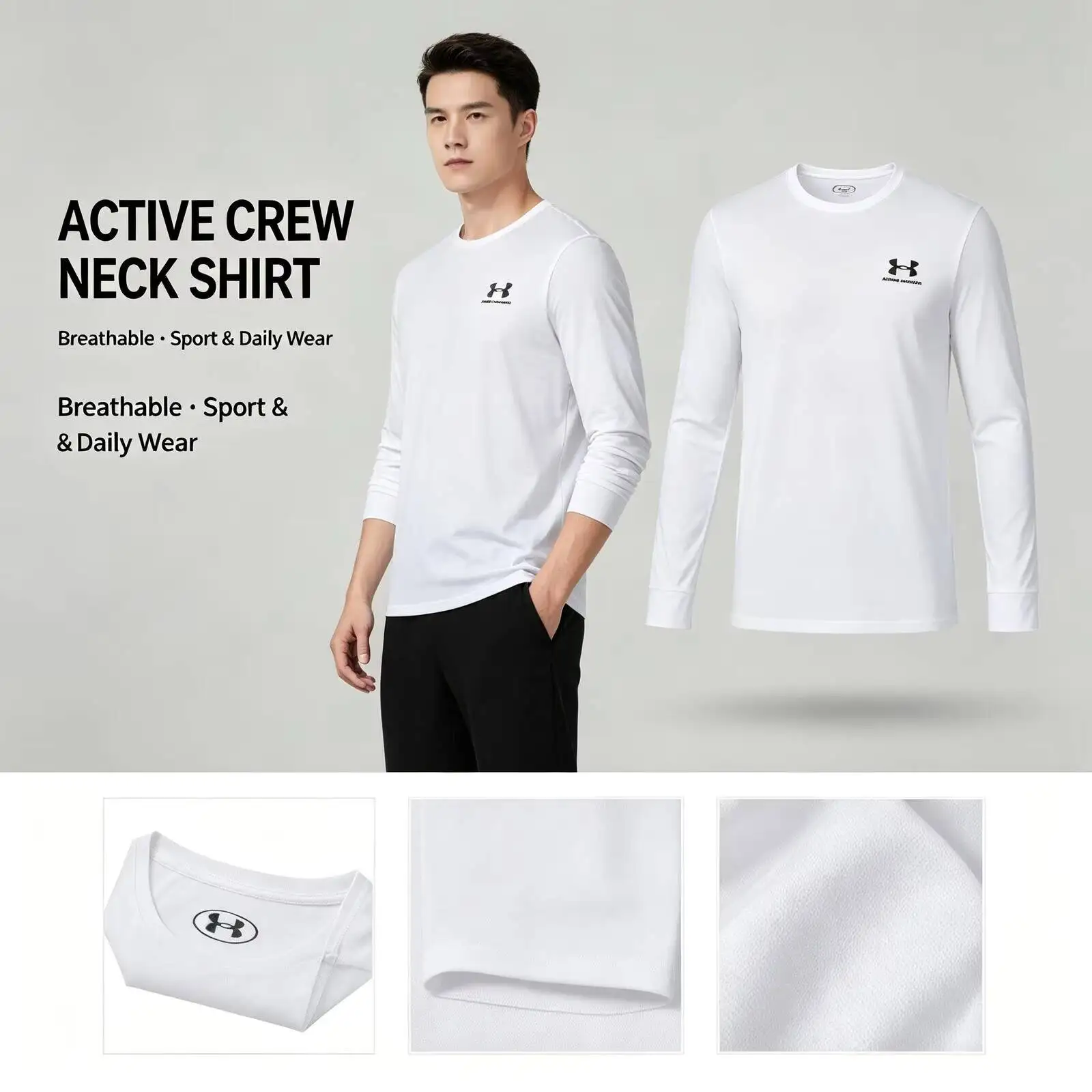 New Underarmour White Long Sleeve Training Top for Women Men Soft Crew Neck Shirt Breathable Active Sport Daily Wear 1329585-100