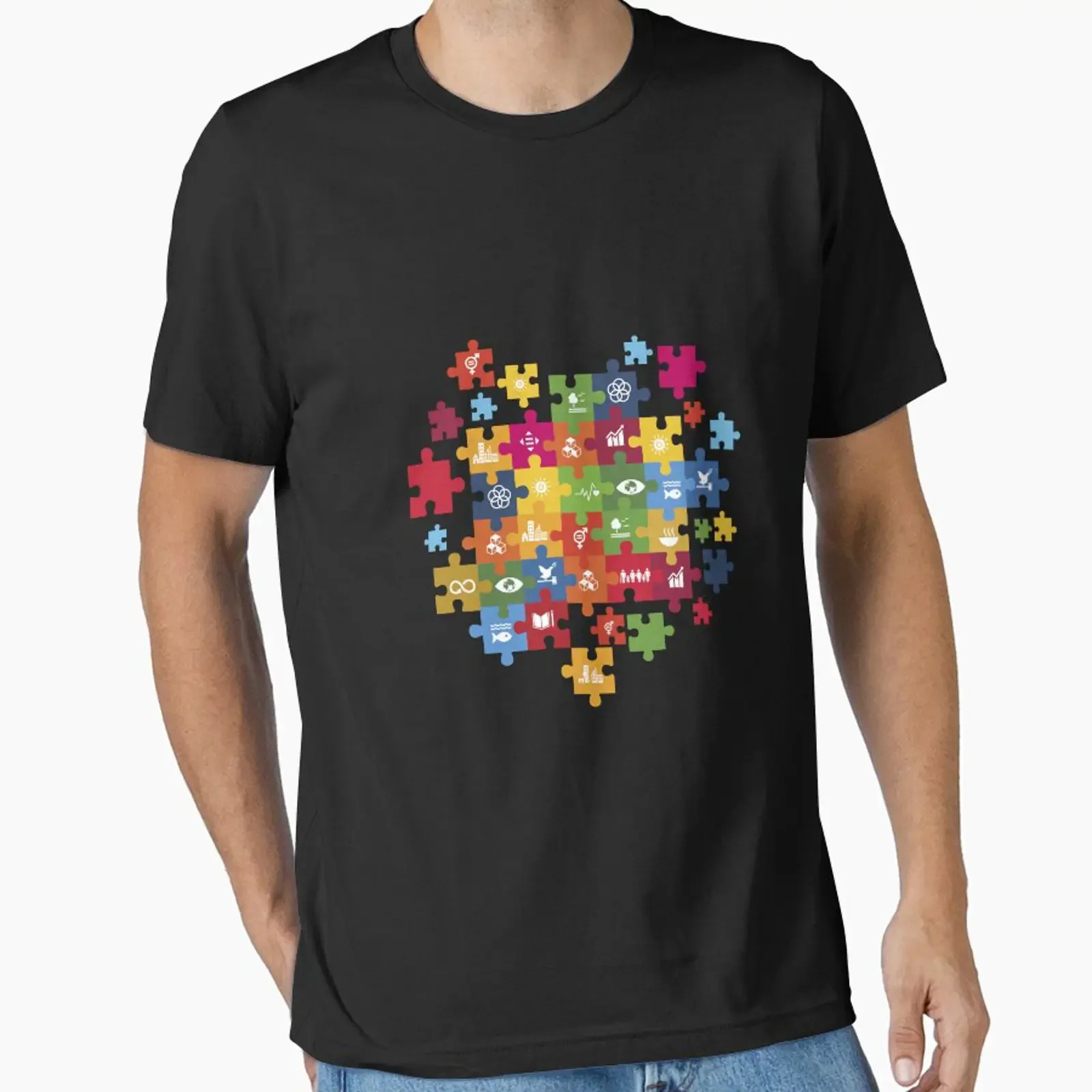 UN SDGs 2030 Global Goals Puzzle Pattern Lässiges Baumwoll-T-Shirt Vintage Washed Designer-Kleidung Herrenmode Streetwear Weich