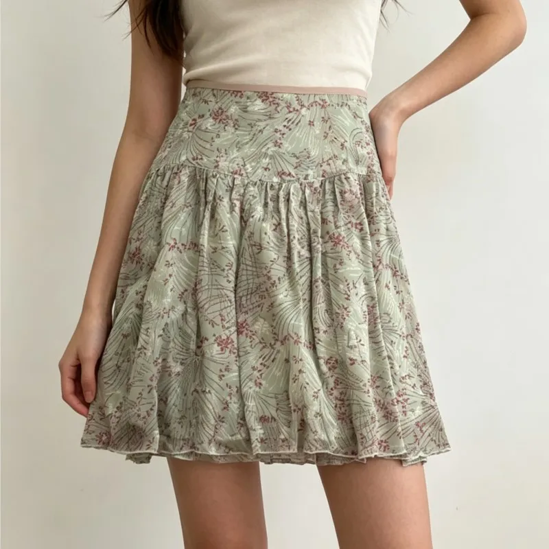 Spring Summer New Vintage Sweet Printed Forest Japanese High Waist Slimming A-line Short Skirt for Women Chiffon Floral Skirts