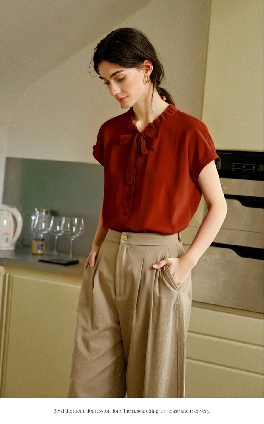 OLrain Women's Summer Shirt Elegant Vintage Red Pleated Tied Neck Short Sleeve Shirts & Blouse 2025 Ladies Tops O57XC98238