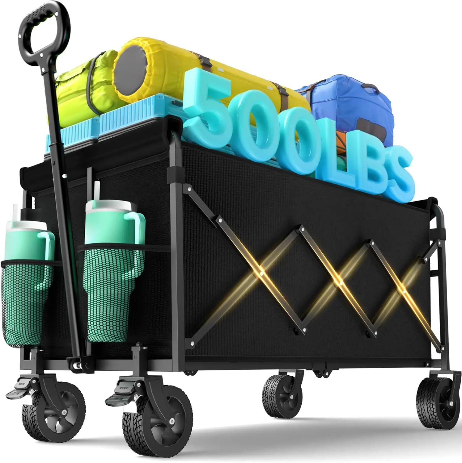 Foldable Collapsible Wagon Cart with Brakes for All - Terrain - 500lbs Weight Capacity, Heavy Duty, Big Wheels, Drink Holders