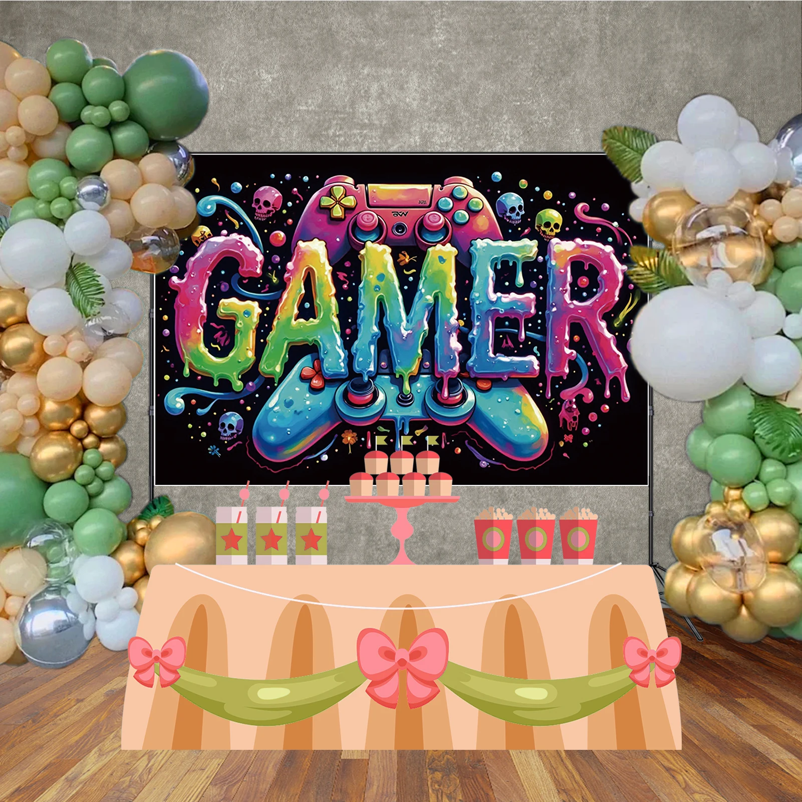 MOON.QG Boy Happy Birthday Photography Backdrop Black Wall Game Machine Colorgul Banner Background Children Studio Photobooth