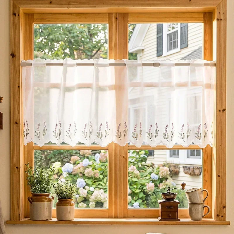 Pastoral Lavender Embroidered Cafe Curtains Rod Pocket Half Window Sheer Short Curtains For Kitchen Bay Window Cupboard Cabinet