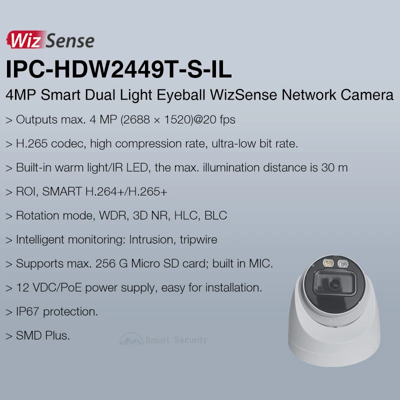 Dahua WizSense 4MP Mini Camera 30m Smart Dual Light Full Color Camera Vehicle and Human Detection Built-in MIC IPC-HDW2449T-S-IL