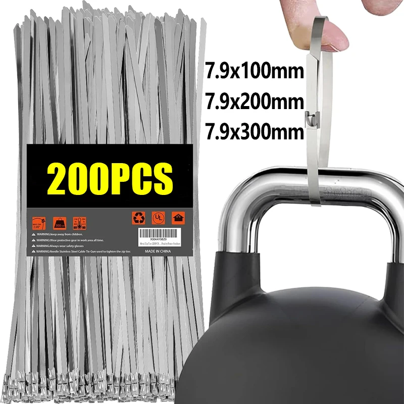 200 Stück Mehrzweck-Metall-Kabelbinder aus Edelstahl, robuste, selbstsichernde Kabelbinder, UV-beständige Befestigungsringe für Abgasanlagen, Befestigungsriemen für Maschinen, Fahrzeuge,