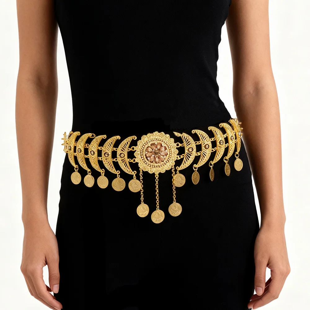 

Ethnic Coins Chain Hollow Moon Waist Belts India Belly Dance Moroccan Afghan Turkish Kurdistan National Dress Body Jewelry Gift
