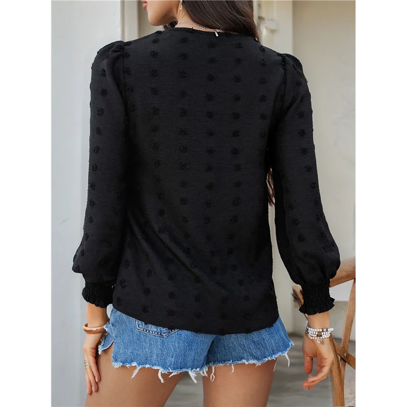 Sommeroberteile für Damen 2025, Boho-Blusen mit Schweizer Punkten, Langarmshirts, fließender V-Ausschnitt, lässiger Bauern-Spitzensaum, Kleidung-A55G